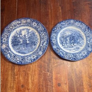 Liberty Blue Ironstone Plates Independence Hall Washington Valley Forge Set of 2